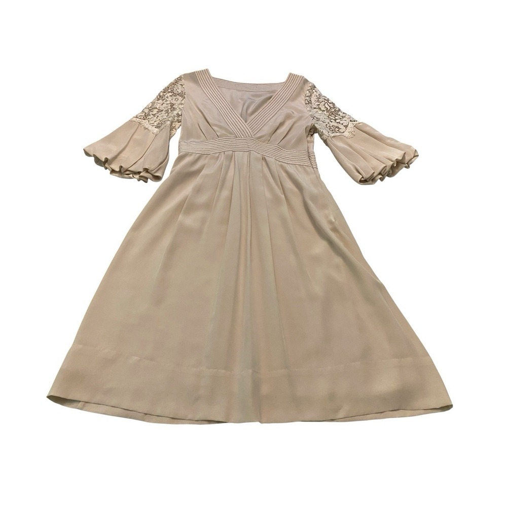 BCBGMAXAZRIA Silk Mini Dress Bell Sleeve Lace Accordion Pleat Beige Tan Size S/M